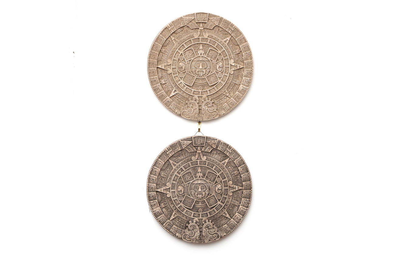 Pair Of Handmade Ceramic Aztec Calendar Wall Plaques