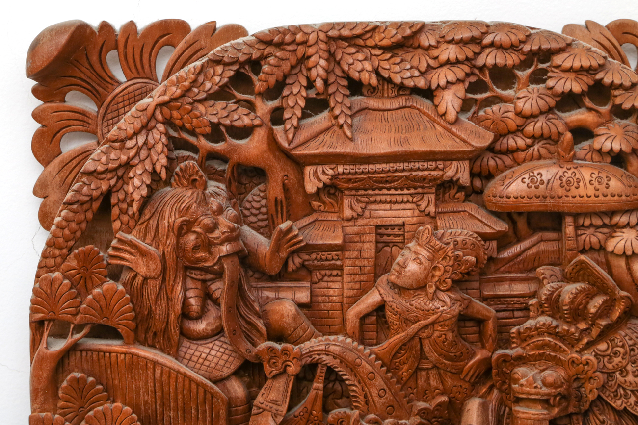 Indonesian Hand Carved Wooden Relief Panel By Wayan Rendah