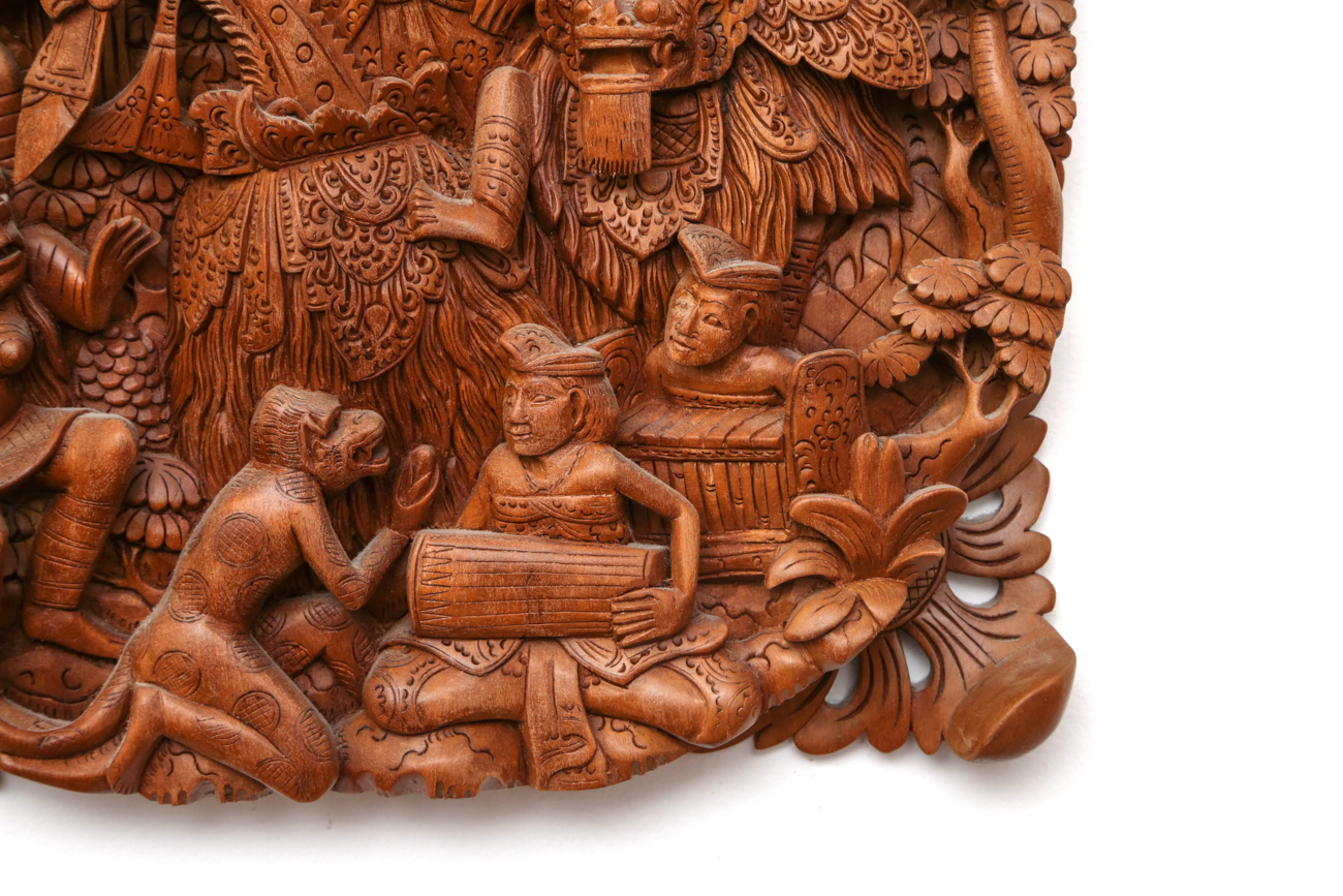 Indonesian Hand Carved Wooden Relief Panel By Wayan Rendah
