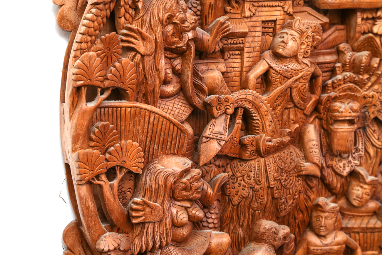 Indonesian Hand Carved Wooden Relief Panel By Wayan Rendah