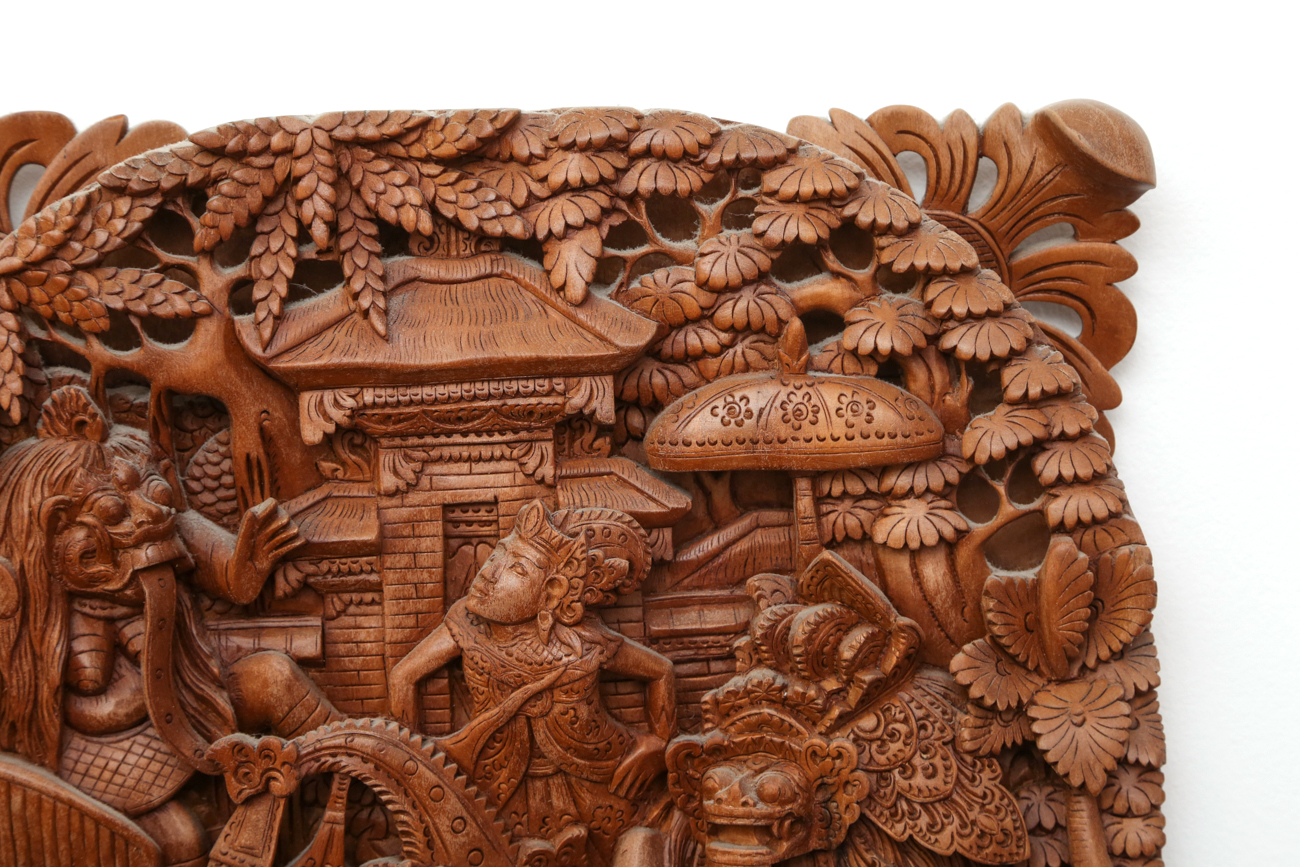 Indonesian Hand Carved Wooden Relief Panel By Wayan Rendah