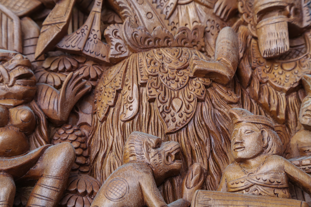 Indonesian Hand Carved Wooden Relief Panel By Wayan Rendah
