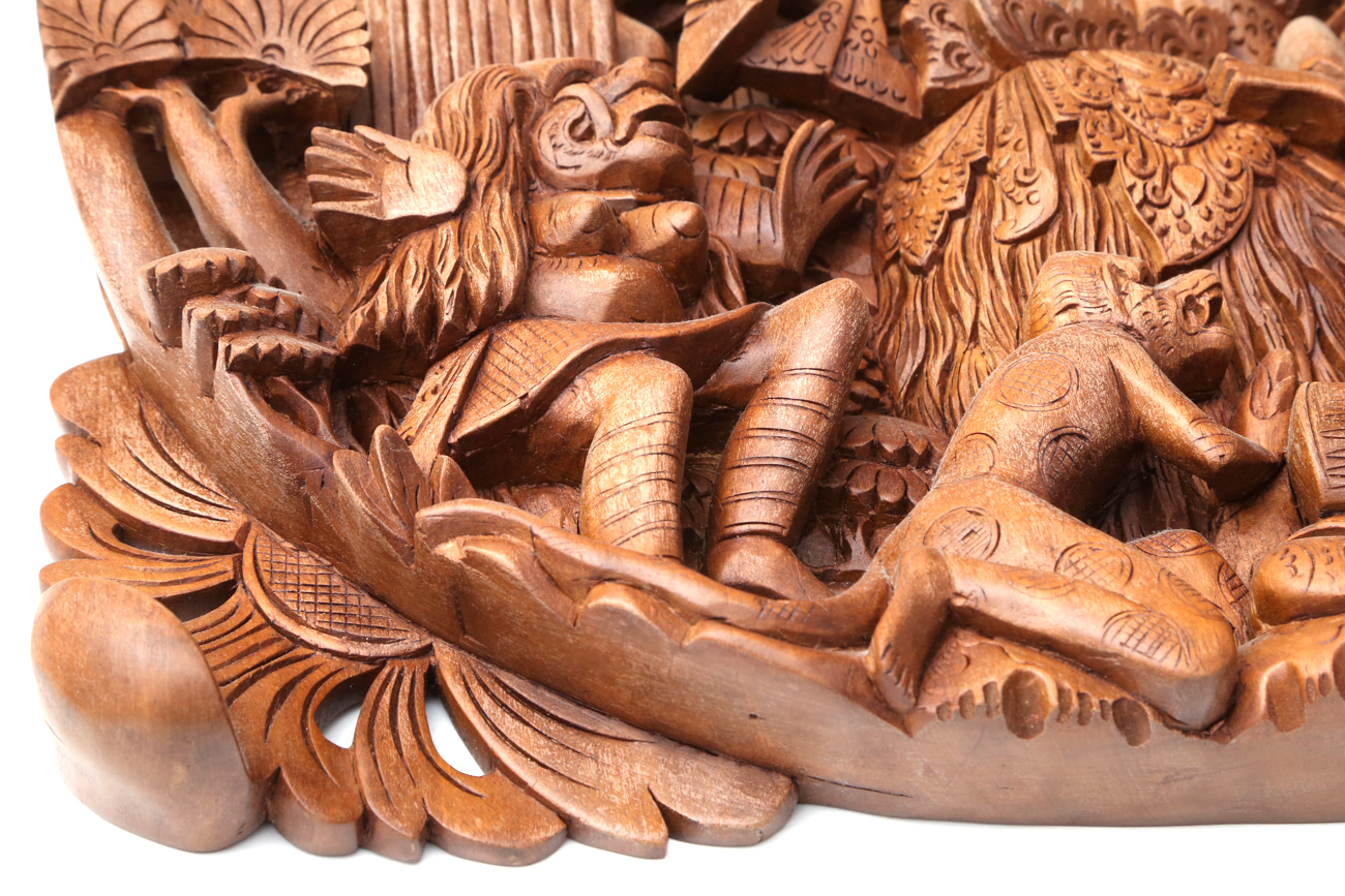 Indonesian Hand Carved Wooden Relief Panel By Wayan Rendah