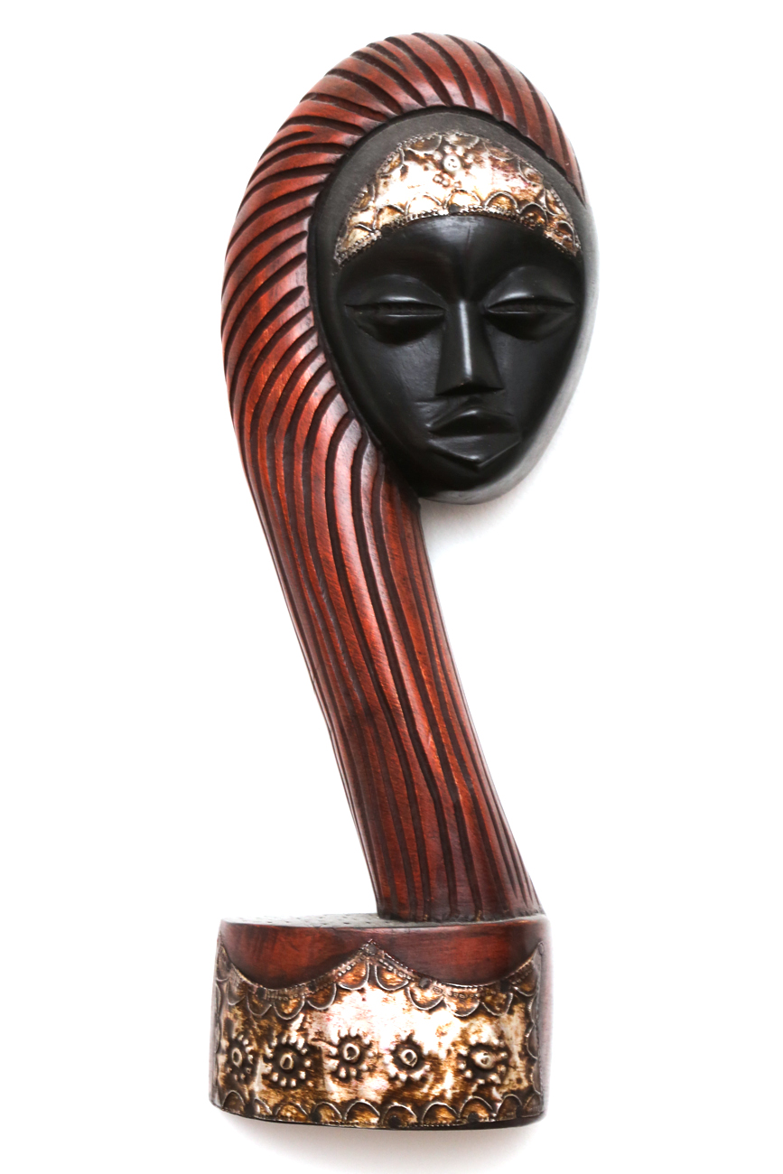 Pair Of Hanging Carved African Busts With Metal Accents