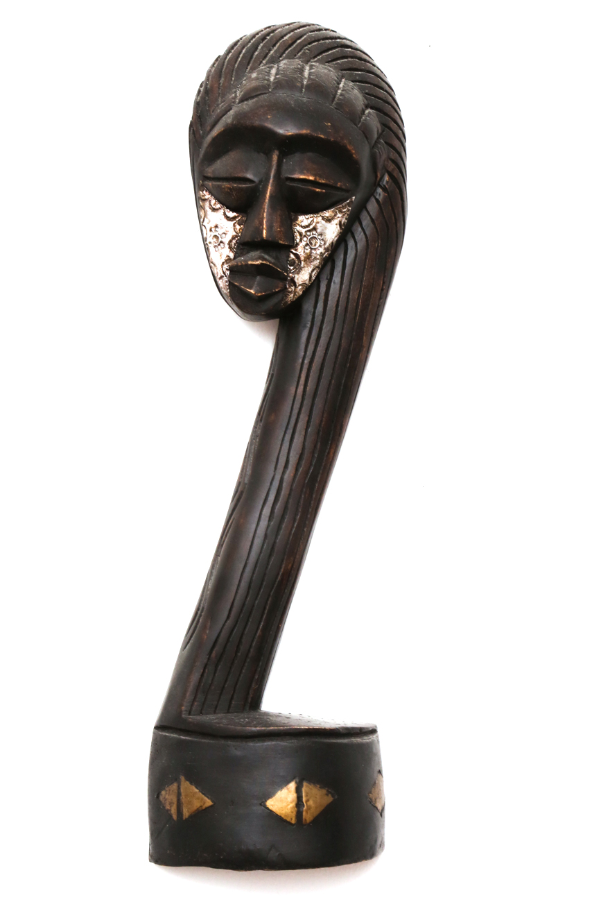 Pair Of Hanging Carved African Busts With Metal Accents