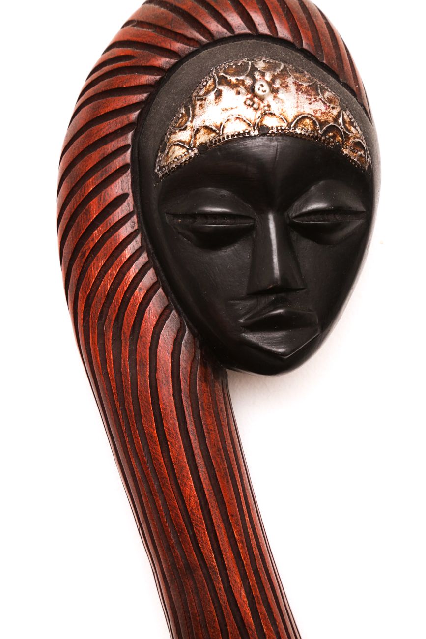 Pair Of Hanging Carved African Busts With Metal Accents