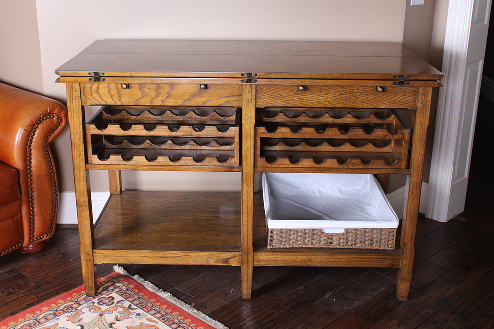 Oak Parquet Lift Top Counter Height Wine Tasting Table