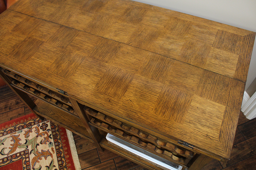 Oak Parquet Lift Top Counter Height Wine Tasting Table