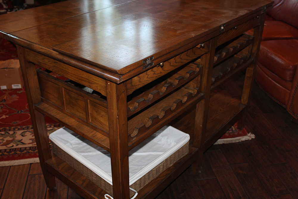 Oak Parquet Lift Top Counter Height Wine Tasting Table