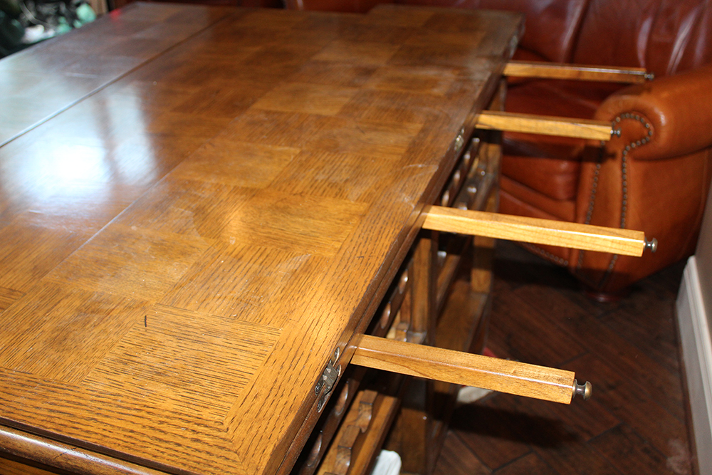 Oak Parquet Lift Top Counter Height Wine Tasting Table