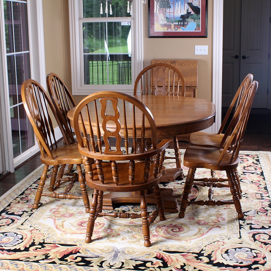Oak Dining Table and Six Windsor Style Chairs by Keller