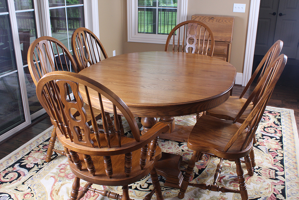 Oak Dining Table and Six Windsor Style Chairs by Keller