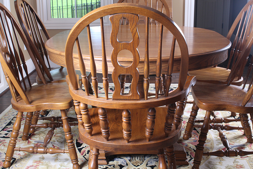 Oak Dining Table and Six Windsor Style Chairs by Keller