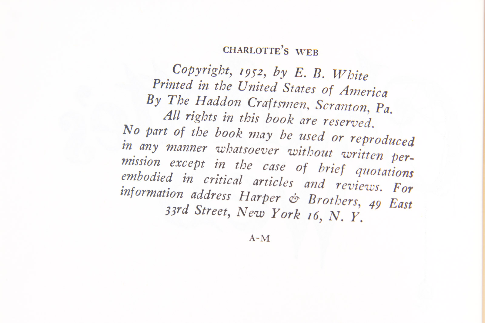 1952 Early Edition of "Charlottes Web" with Original Dust Jacket