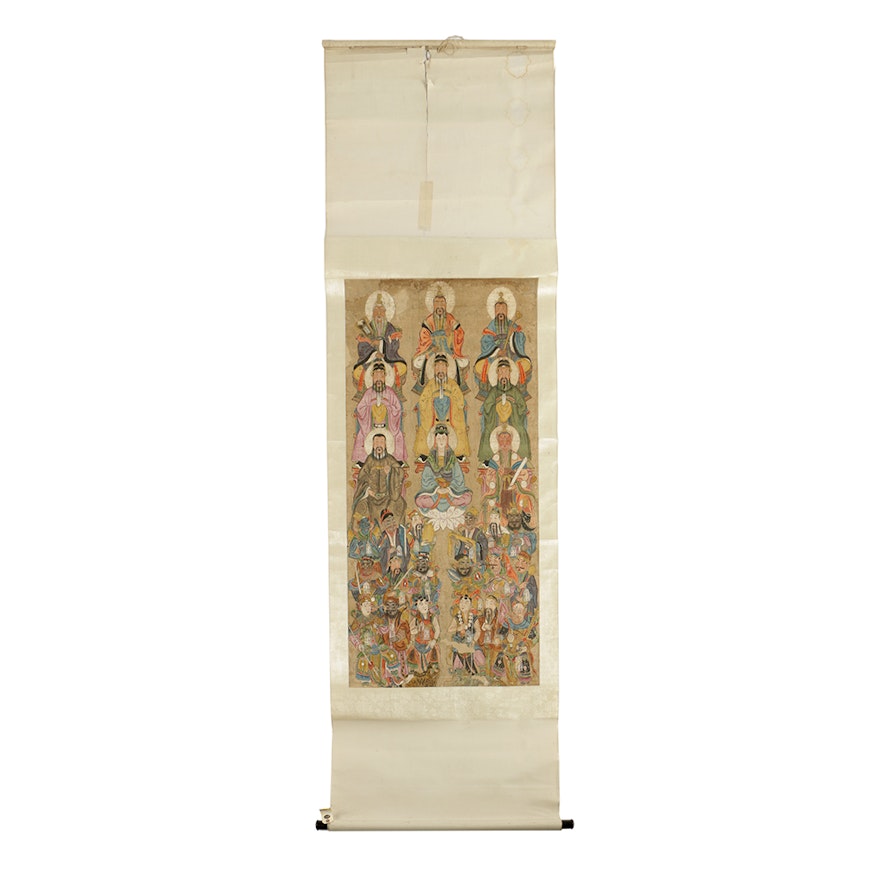 Chinese Watercolor Scroll Painting of Immortals and Deities