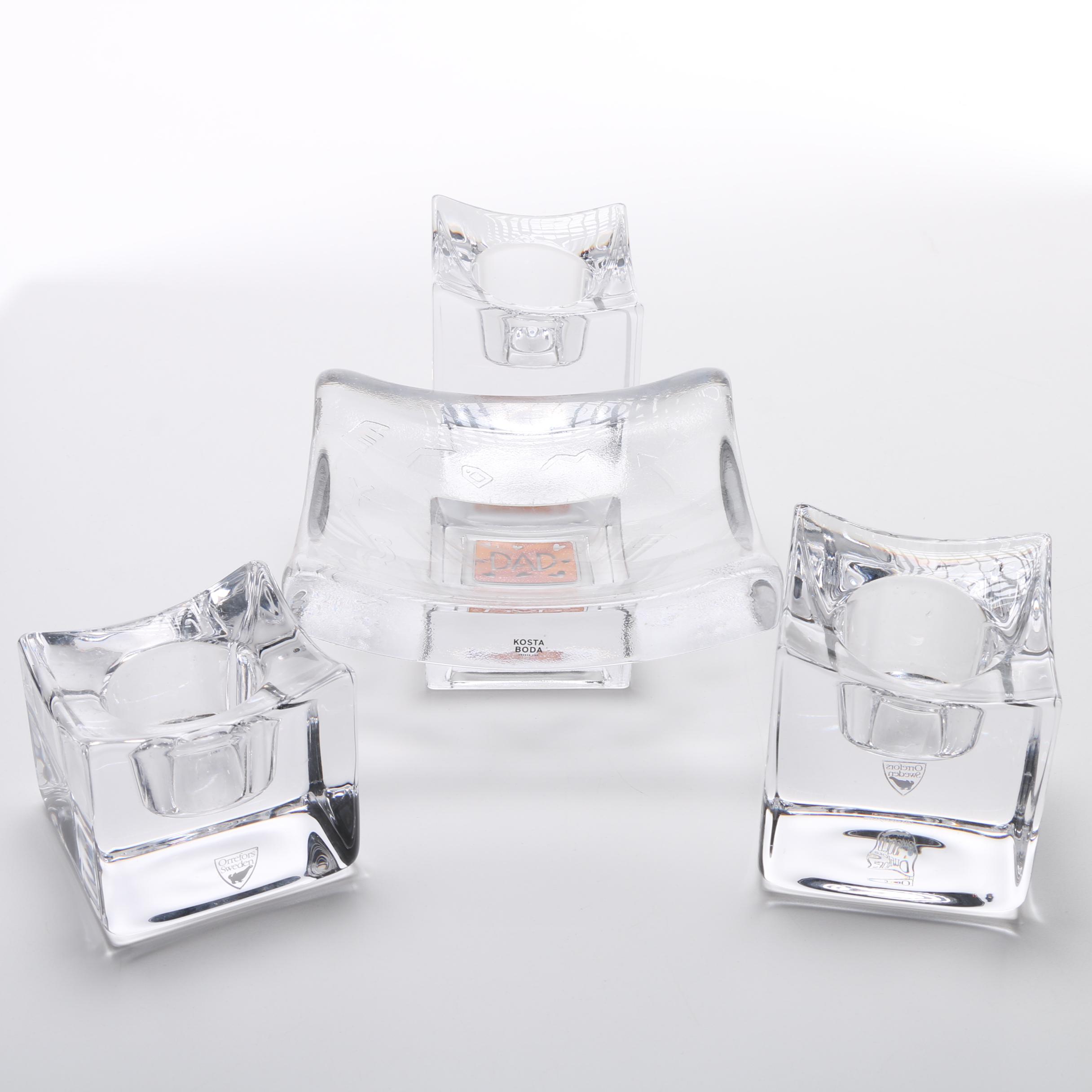 Orrefors Sweden Candle Holders and Kosta Boda "Dad" Domino Holder