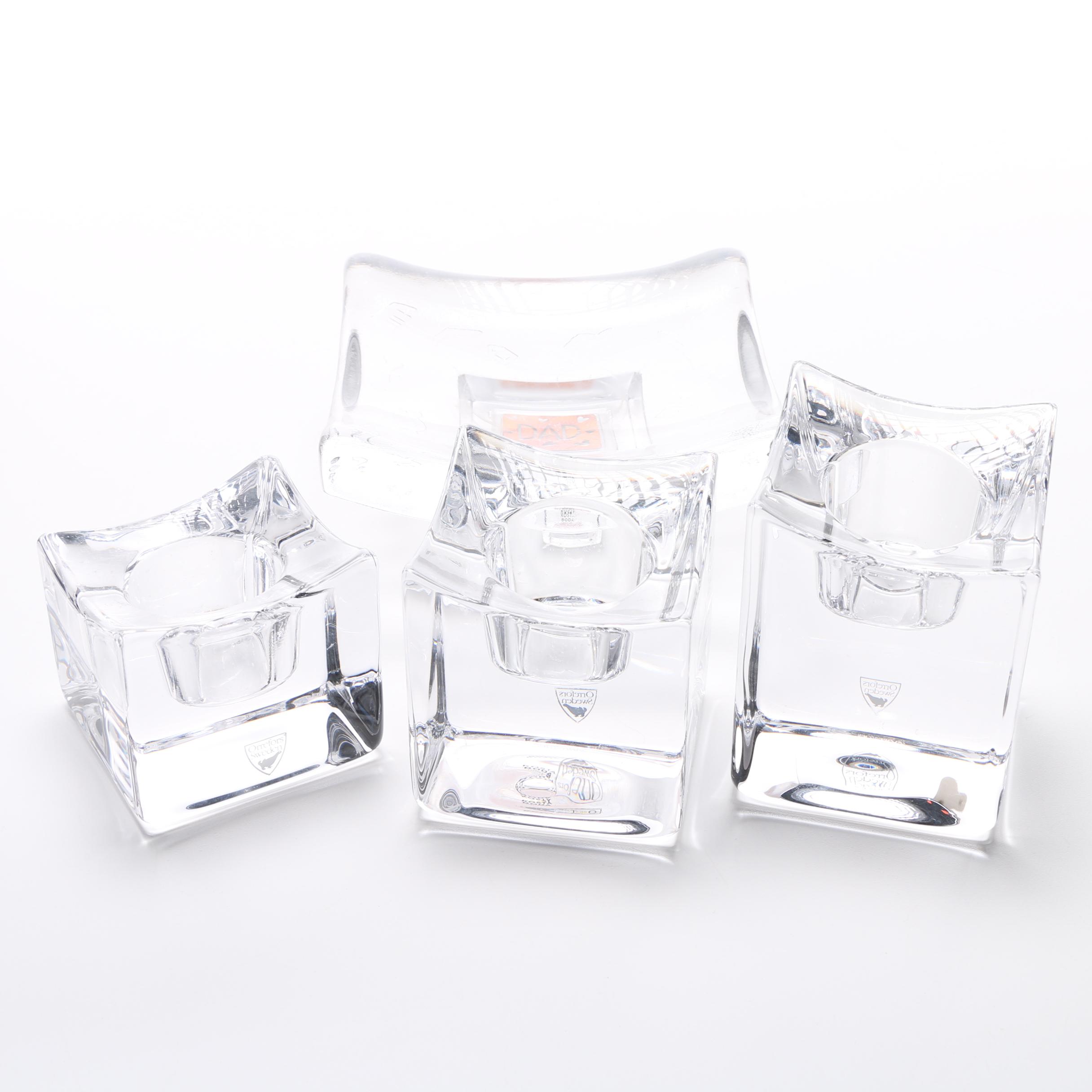 Orrefors Sweden Candle Holders and Kosta Boda "Dad" Domino Holder