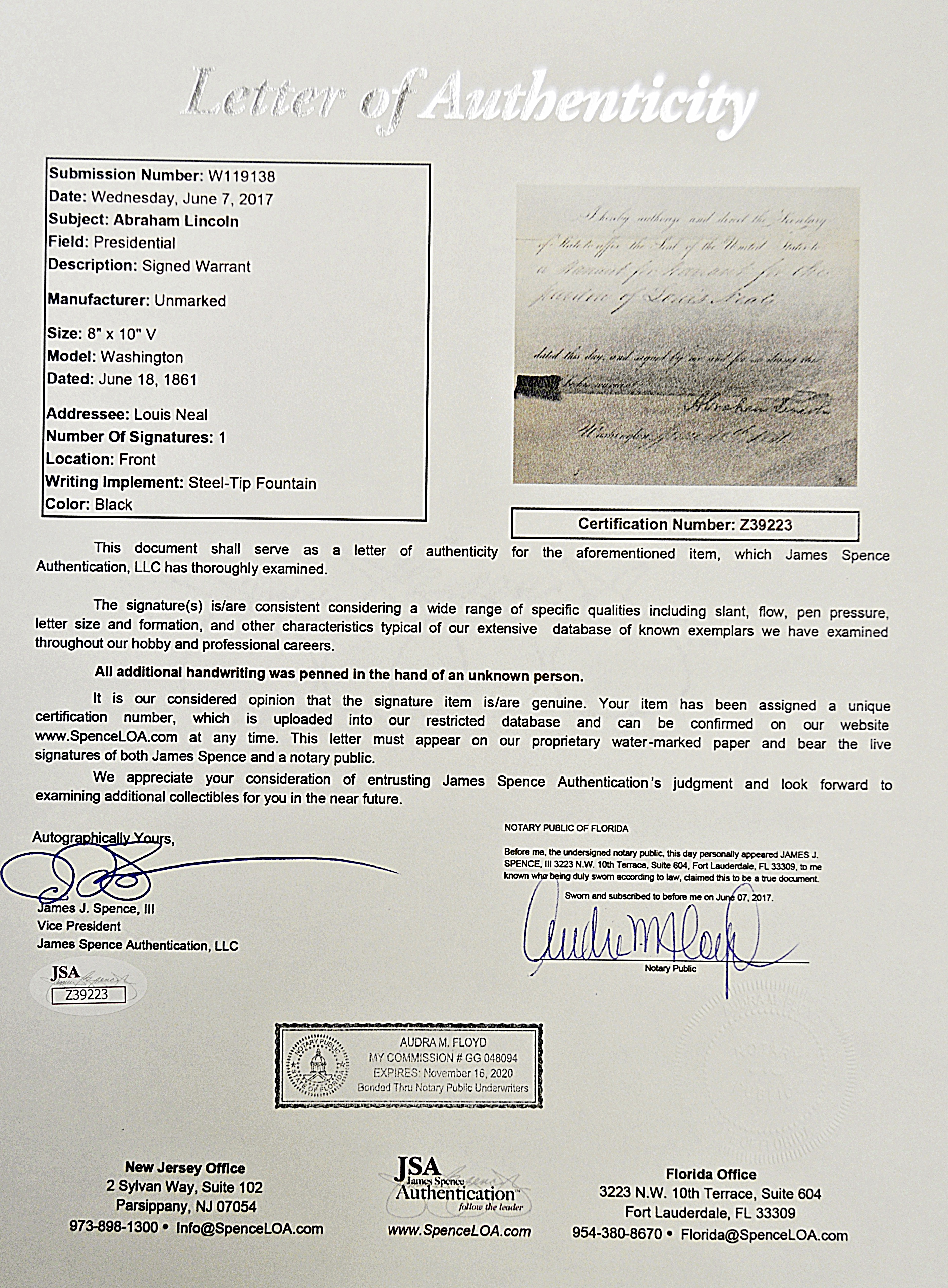 Original 1861 Abraham Lincoln Pardon of Louis Neals