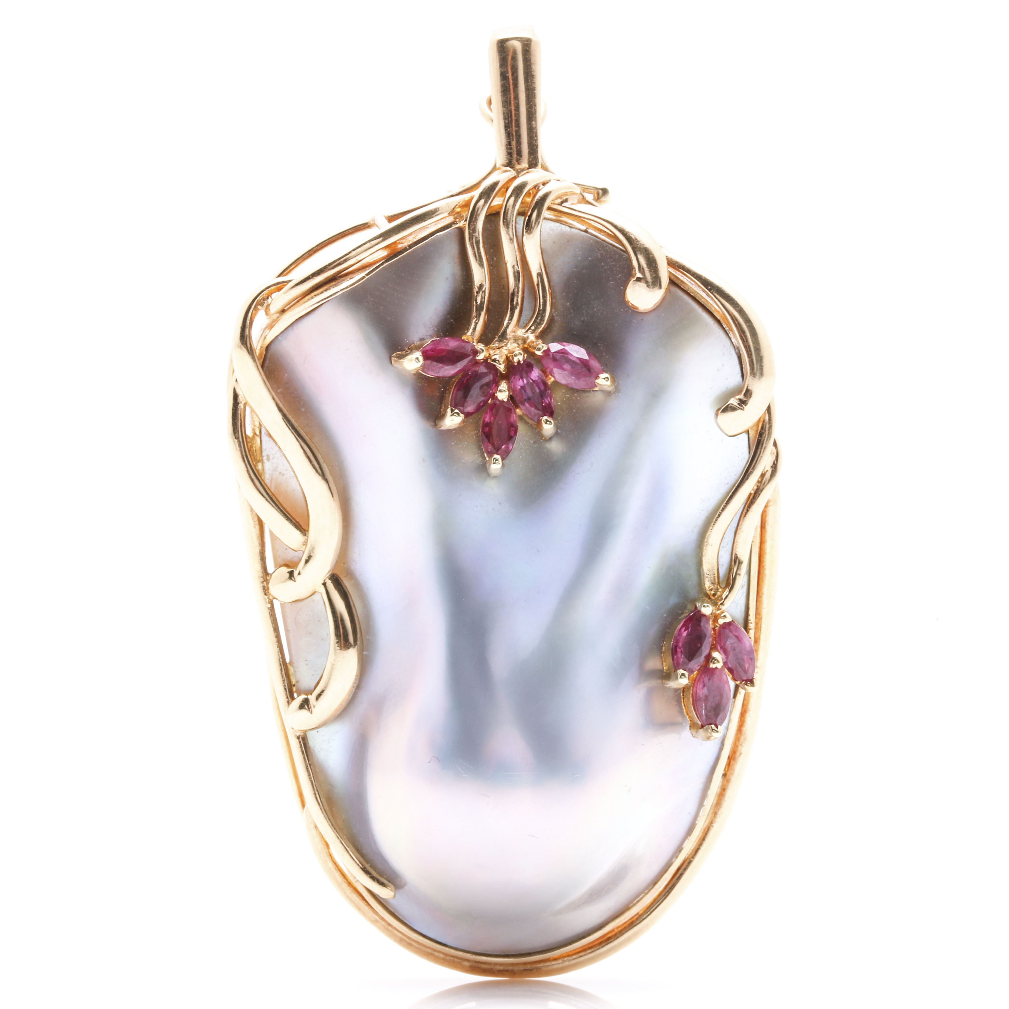 14K Yellow Gold Mabé Pearl and Ruby Art Nouveau-Inspired Enhancer Pendant
