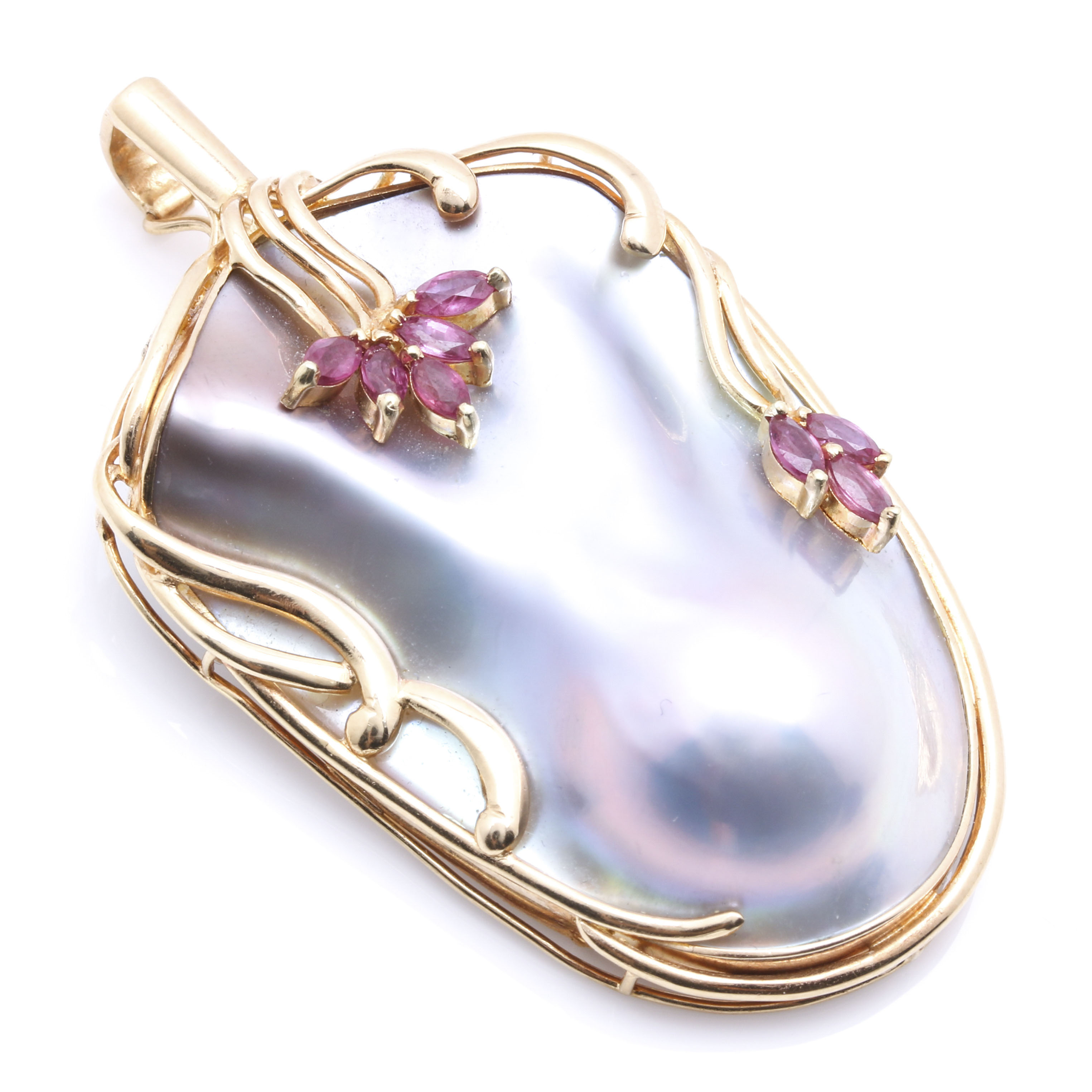 14K Yellow Gold Mabé Pearl and Ruby Art Nouveau-Inspired Enhancer Pendant