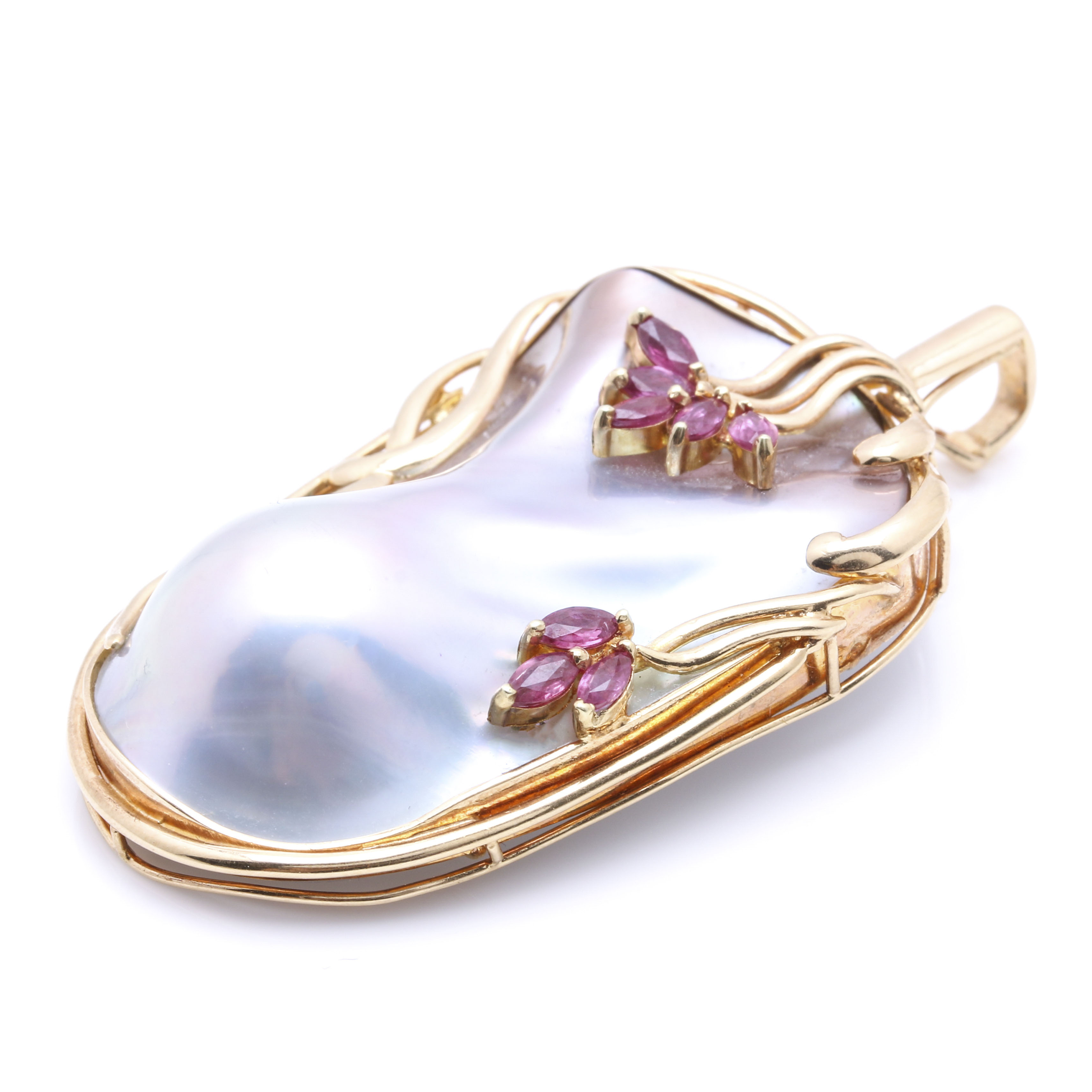 14K Yellow Gold Mabé Pearl and Ruby Art Nouveau-Inspired Enhancer Pendant