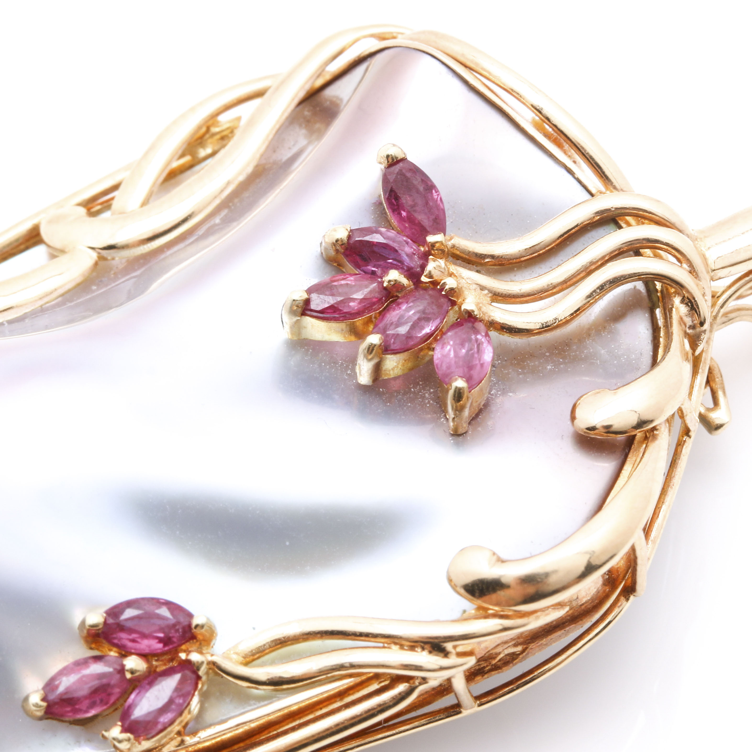 14K Yellow Gold Mabé Pearl and Ruby Art Nouveau-Inspired Enhancer Pendant