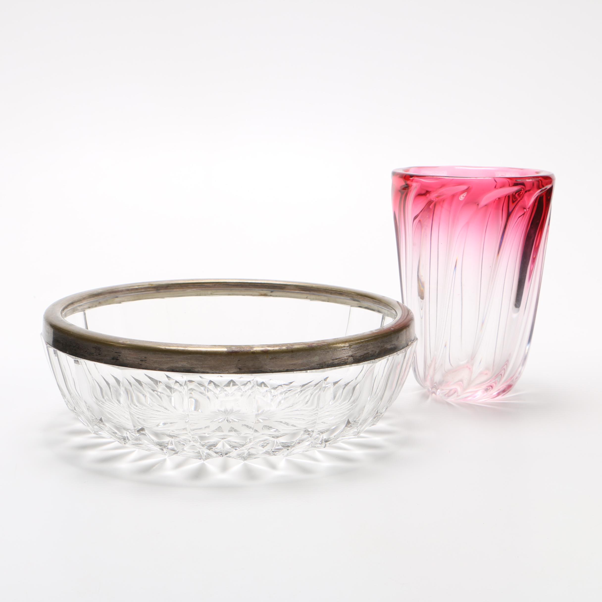 Val St. Lambert Crystal Vase With Cut Glass Bowl