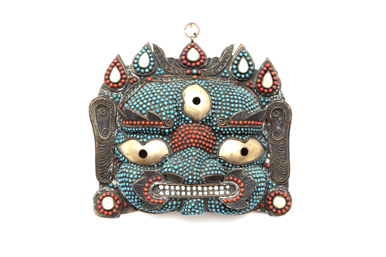 Tibetan Bronze Mask With Imitation Turquoise, Coral, Jade and Bone