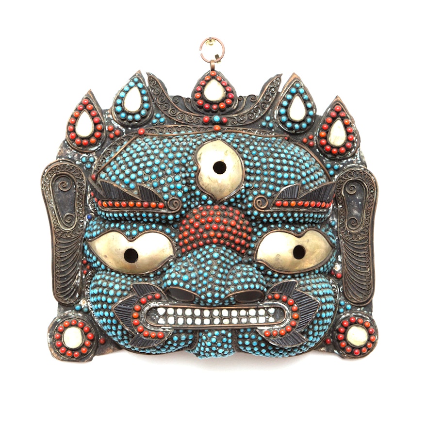 Tibetan Bronze Mask With Imitation Turquoise, Coral, Jade and Bone