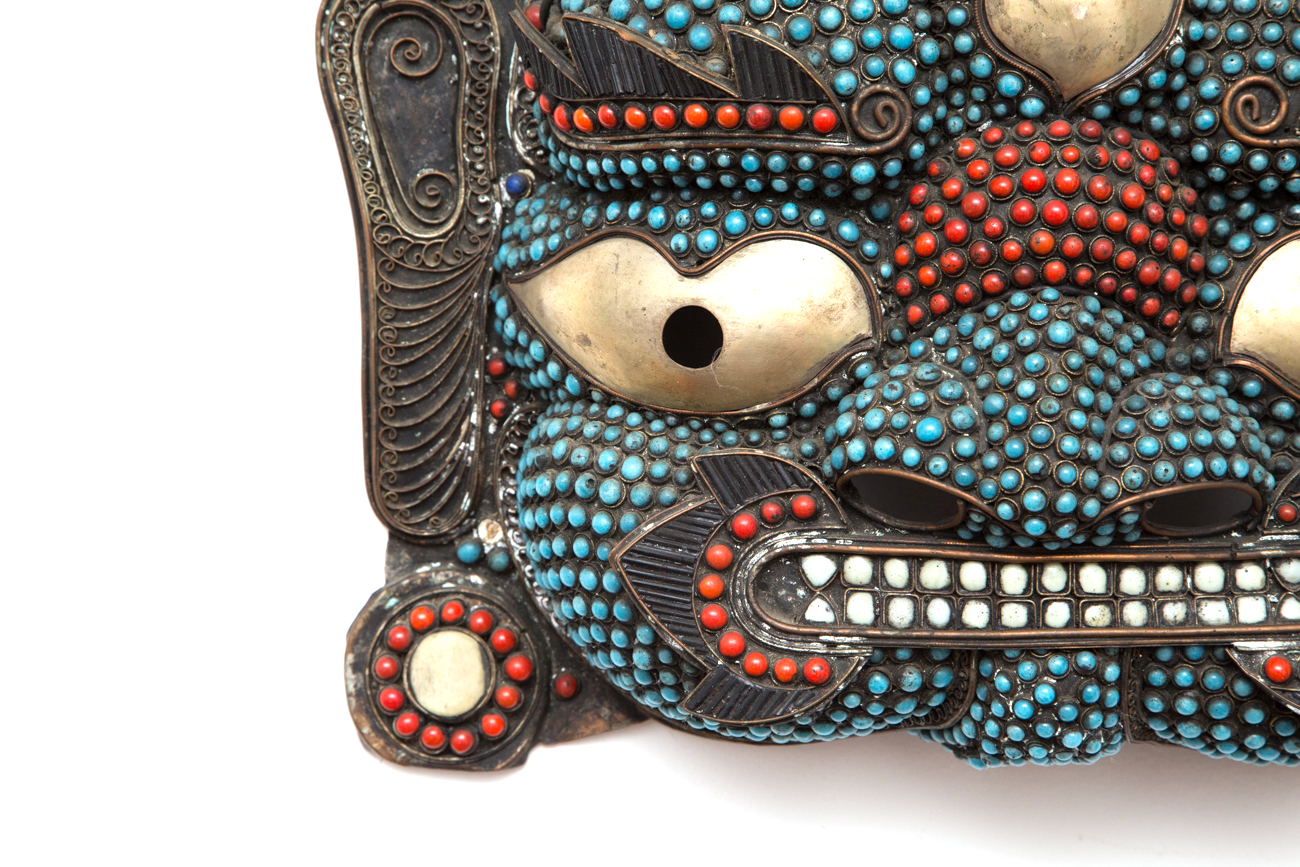 Tibetan Bronze Mask With Imitation Turquoise, Coral, Jade and Bone