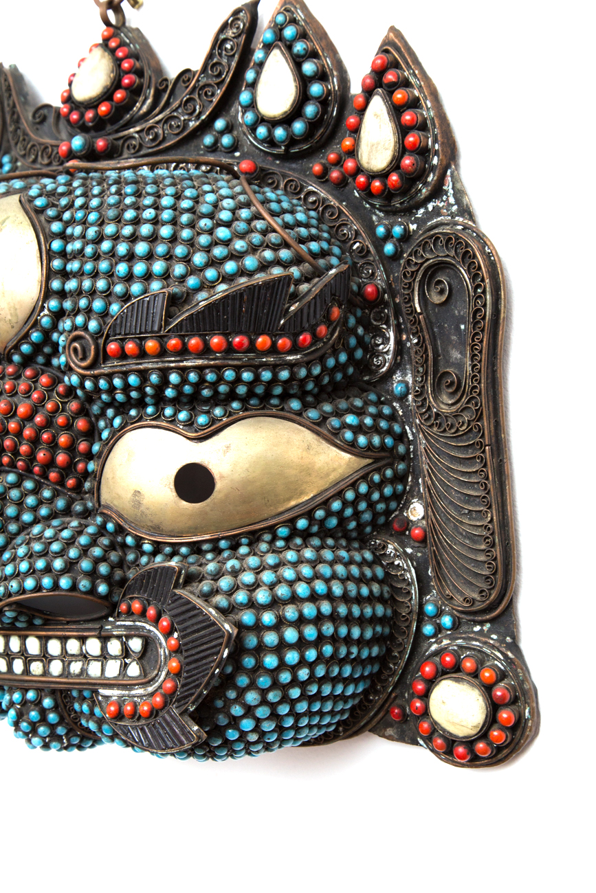 Tibetan Bronze Mask With Imitation Turquoise, Coral, Jade and Bone