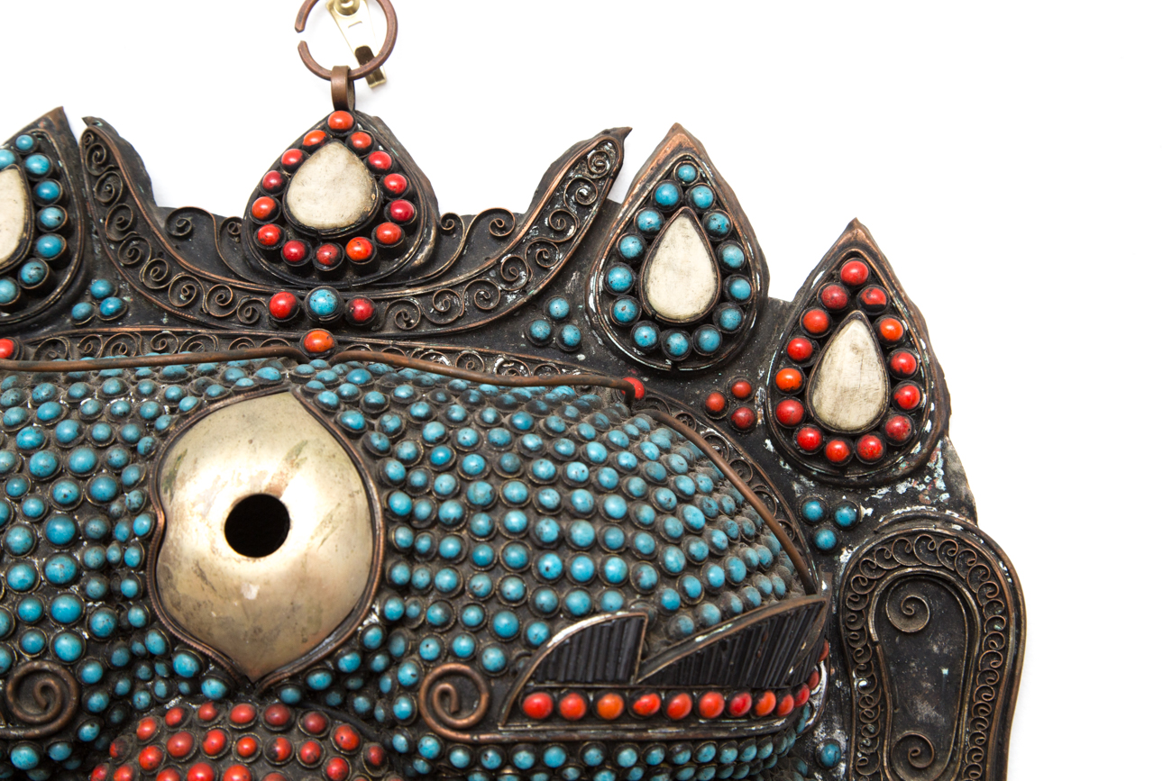 Tibetan Bronze Mask With Imitation Turquoise, Coral, Jade and Bone