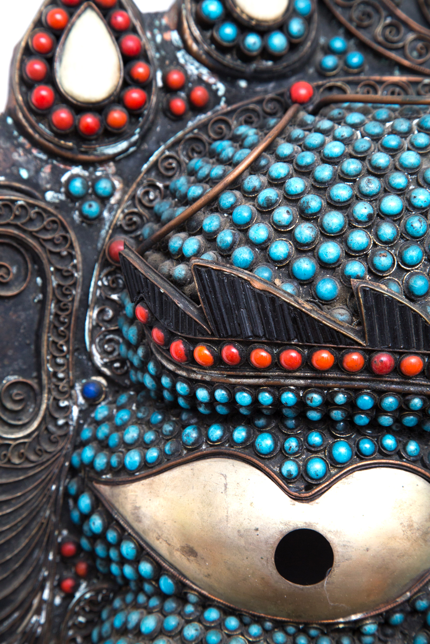 Tibetan Bronze Mask With Imitation Turquoise, Coral, Jade and Bone