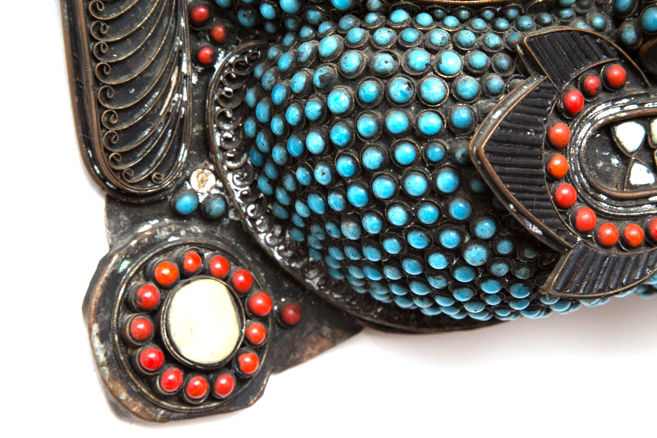 Tibetan Bronze Mask With Imitation Turquoise, Coral, Jade and Bone