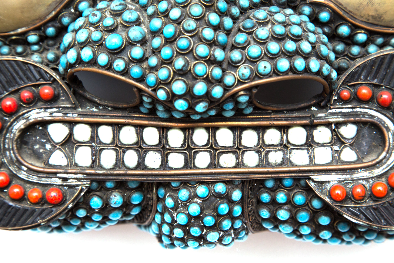 Tibetan Bronze Mask With Imitation Turquoise, Coral, Jade and Bone