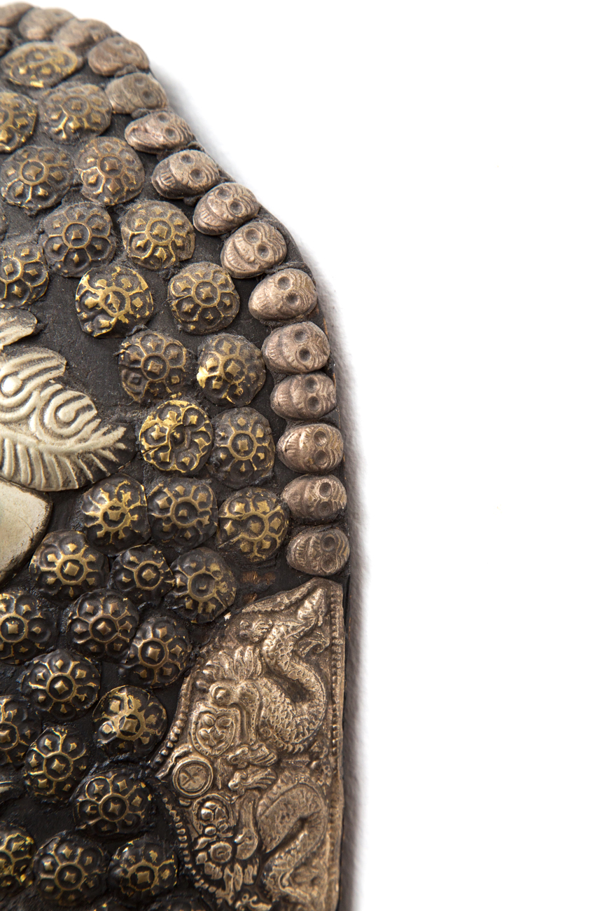 Hand Carved Wooden Mask With Metal Accents