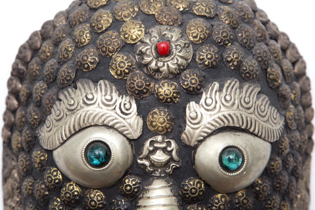 Hand Carved Wooden Mask With Metal Accents