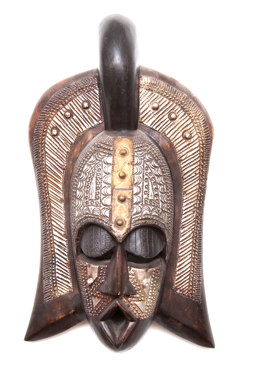 Grouping Of Hand Carved Masks With Hammered Metal Details