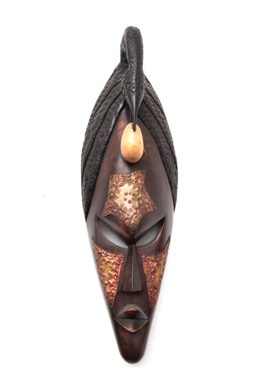 Grouping Of Hand Carved Masks With Hammered Metal Details