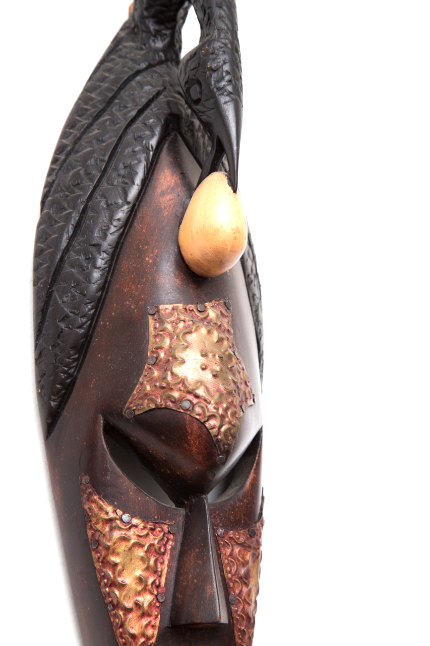 Grouping Of Hand Carved Masks With Hammered Metal Details