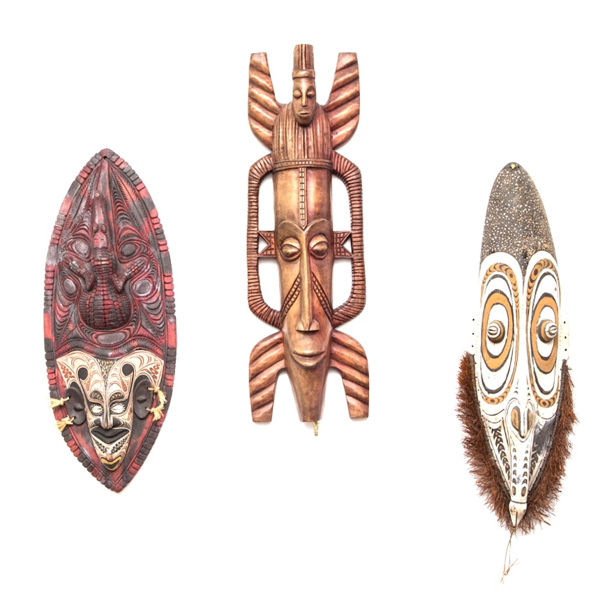 Grouping Of Large Hand Carved Tribal Masks