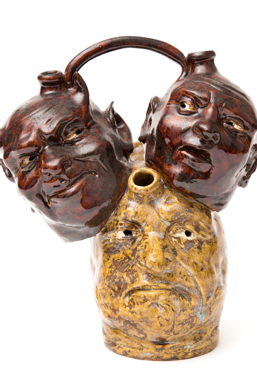 Hand Crafted Stoneware Devil's Head Jug With Three Faces By JC Mahlke - The Yankee Potter