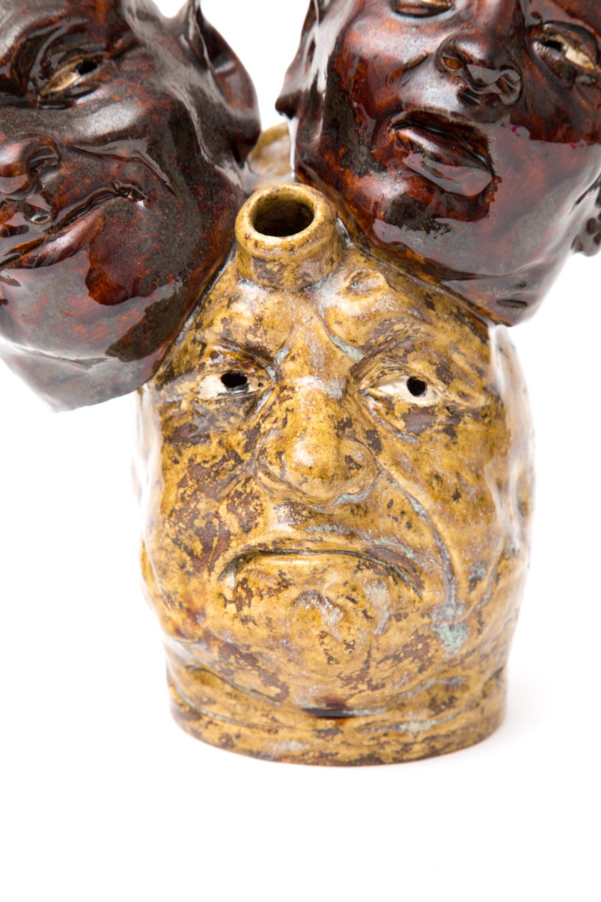 Hand Crafted Stoneware Devil's Head Jug With Three Faces By JC Mahlke - The Yankee Potter