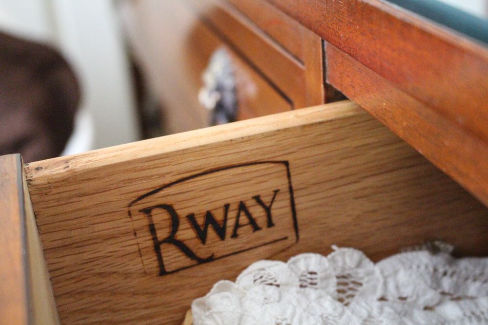 Vintage Bird's Eye Maple Wood Dresser and Mirror By RWAY Furniture