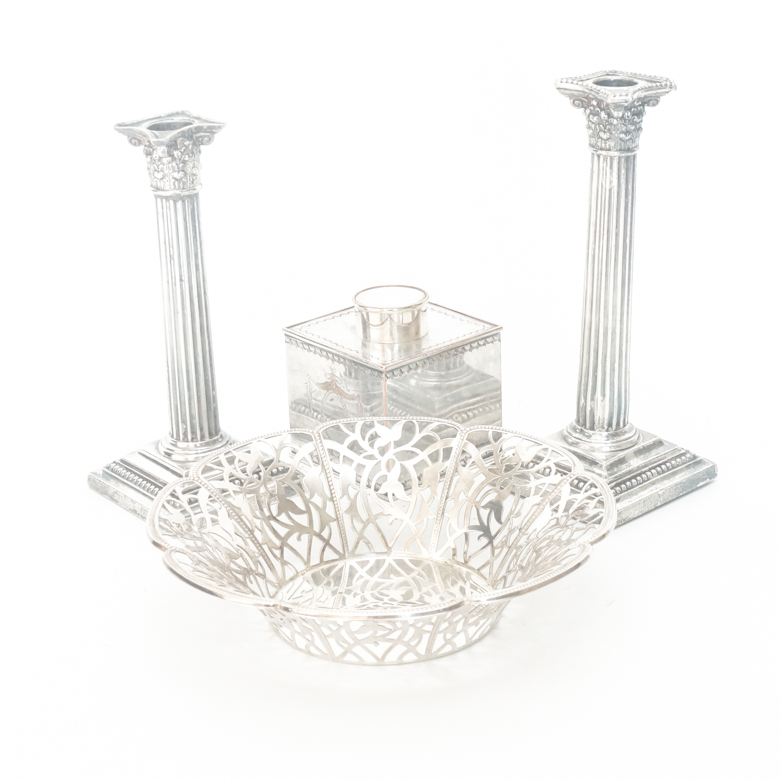 Collection of Vintage Silver Plated Candlesticks, Tea Caddy and Bowl