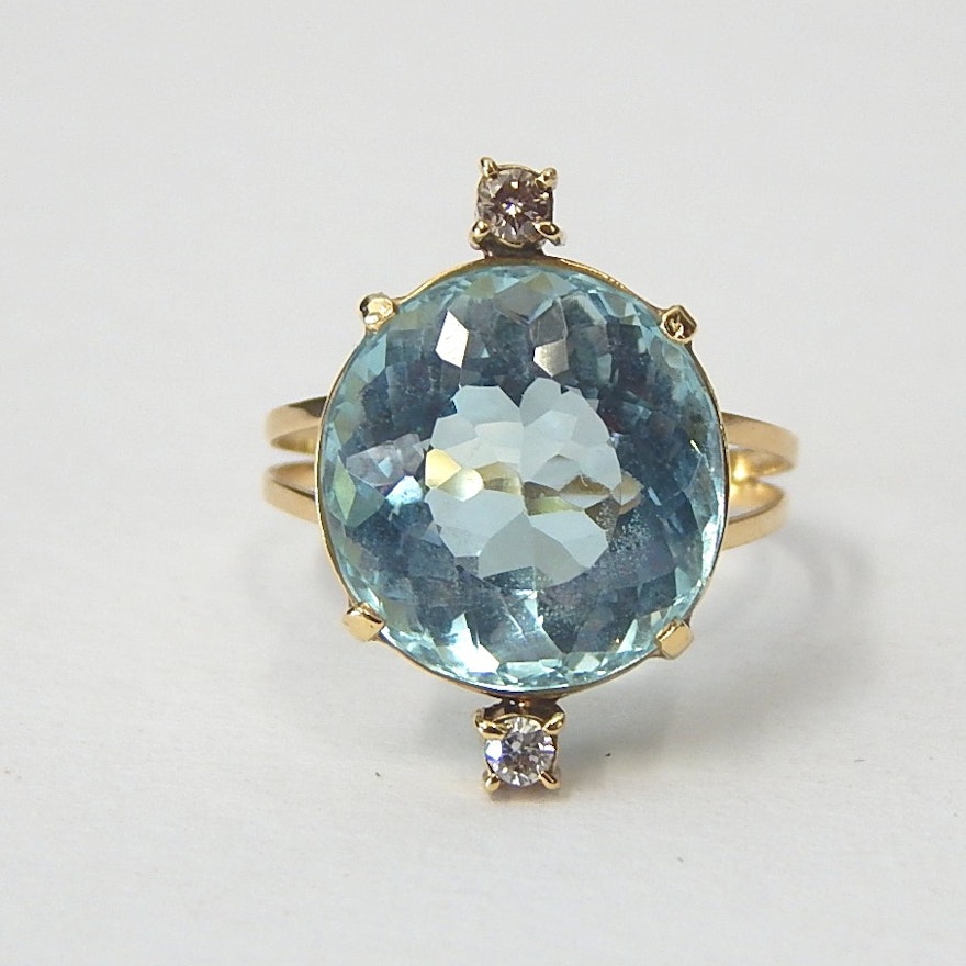 14K Yellow Gold and 10.06 CTS Aquamarine and Diamond Ring