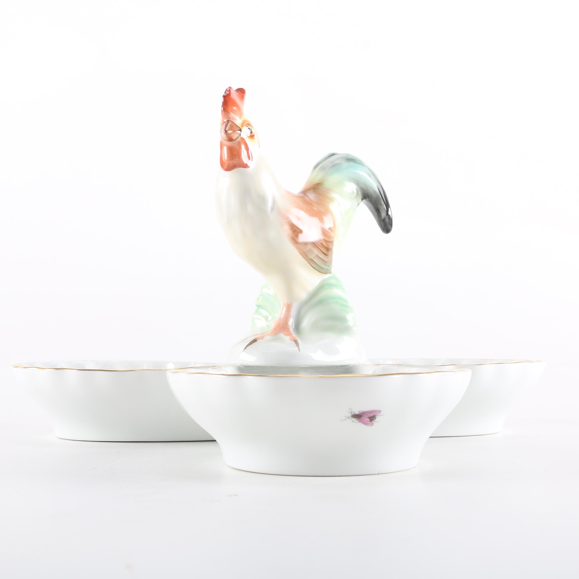 Herend "Rothschild Bird" Divider Dish with Rooster Finial