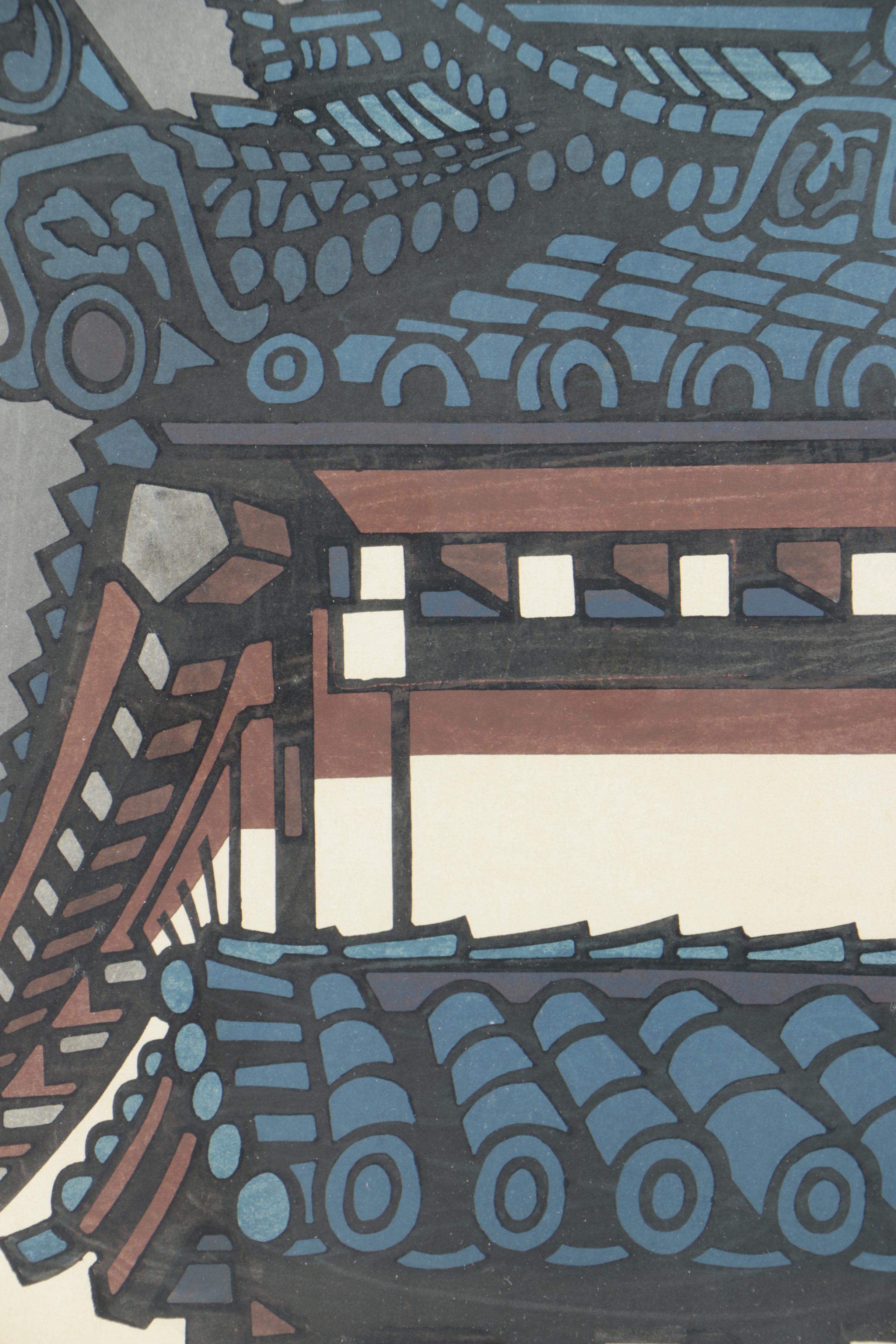 Katsuyuki Nishijima Limited Edition Woodblock on Paper of a Roof