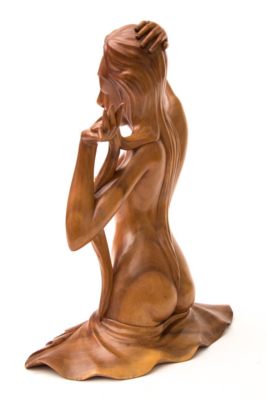Hand Carved Sculpture Of Seated Female By Wayan Rendah