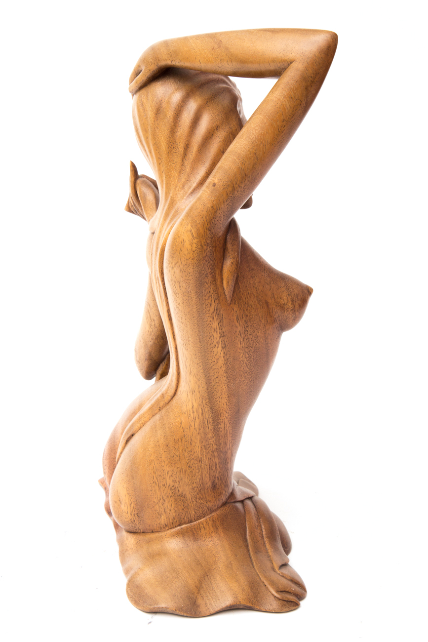 Wayan Rendah Hand Carved Wooden Sculpture Of Seated Female